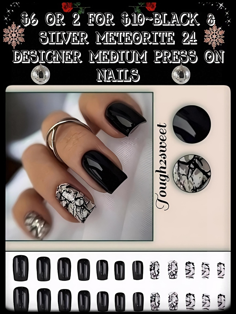 🆕$6 OR 2 FOR $10~BLACK & SILVER METEORITE 24 DESIGNER MEDIUM PRESS ON NAILS